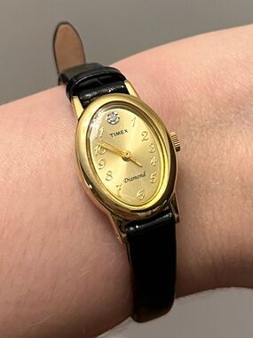 Timex Gold Tone Oval Dial Black Leather Strap Women's Watch